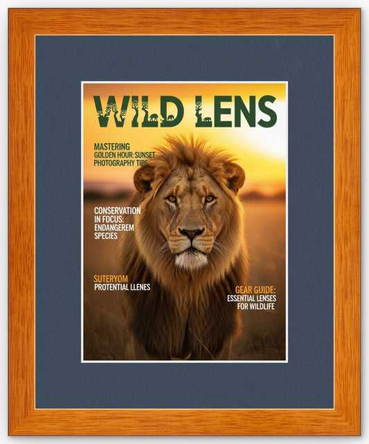 Honey Oak Magazine Shadowbox Frame with Navy Blue Mat