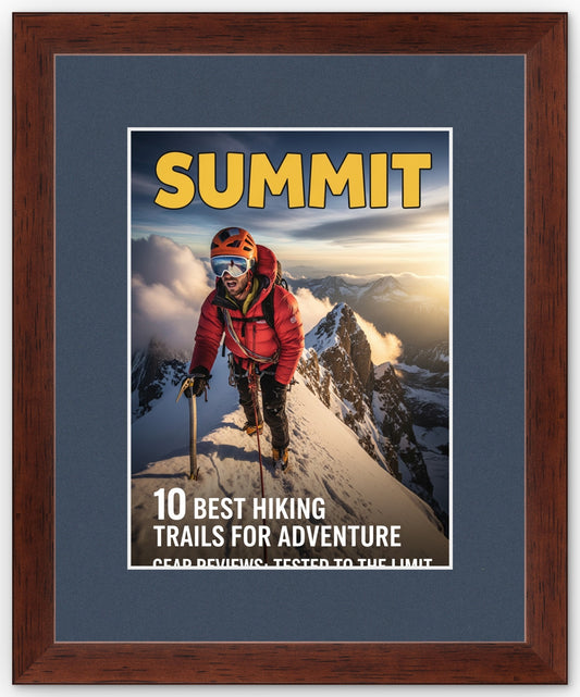 Rustic Walnut Magazine Shadowbox Frame with Navy Blue Mat
