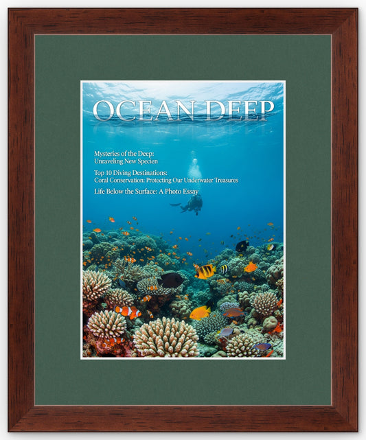 Rustic Walnut Magazine Shadowbox Frame with Forest Green Mat