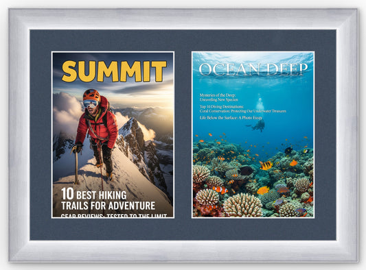 Stainless Silver Double Magazine Frame with Navy Blue Mat