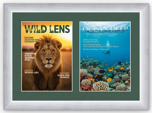 Stainless Silver Double Magazine Frame with Forest Green Mat