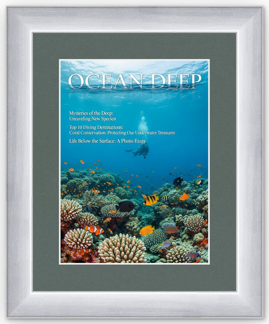 Stainless Silver Magazine Shadowbox Frame with Dark Gray Mat