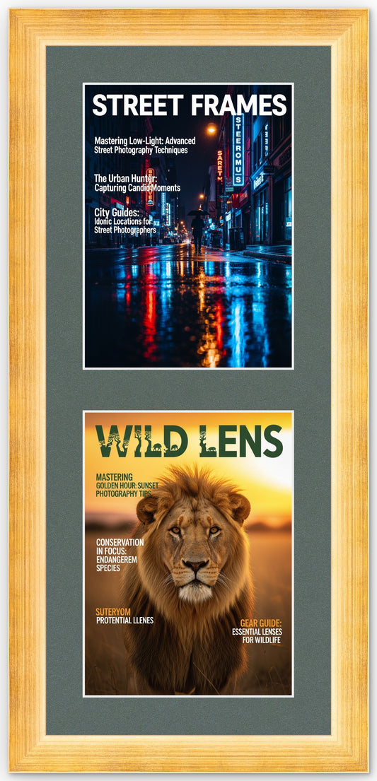 Gold Stacked Magazine Frame with Dark Gray Mat