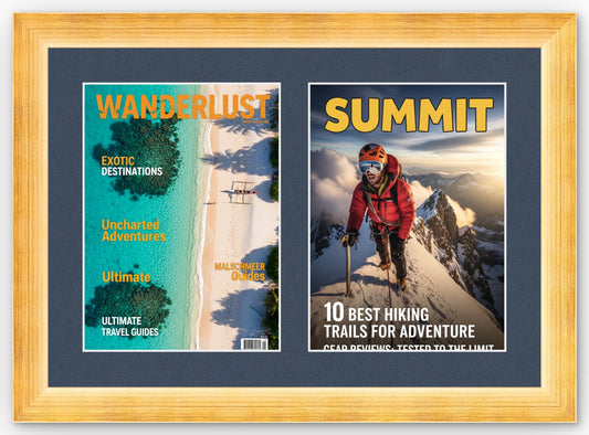 Gold Double Magazine Frame with Navy Blue Mat