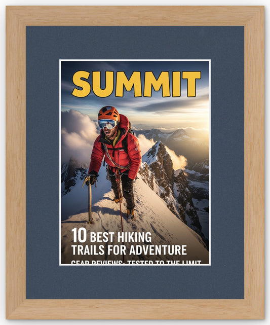 Natural Wood Magazine Shadowbox Frame with Navy Blue Mat