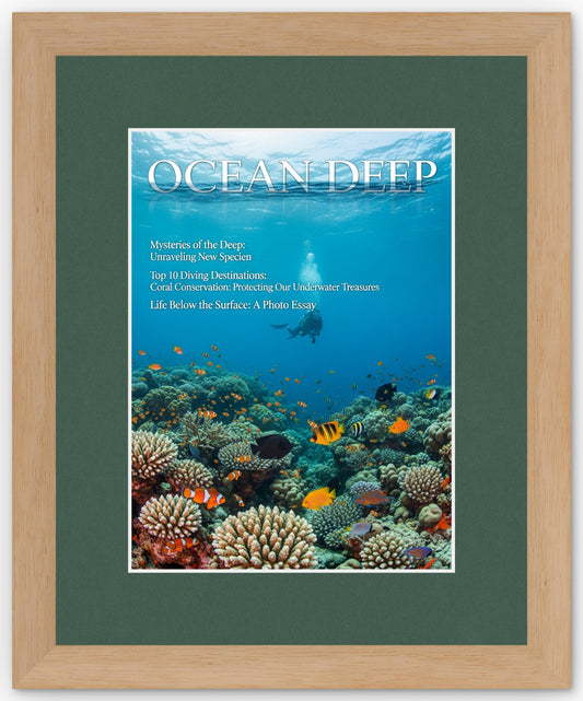 Natural Wood Magazine Shadowbox Frame with Forest Green Mat