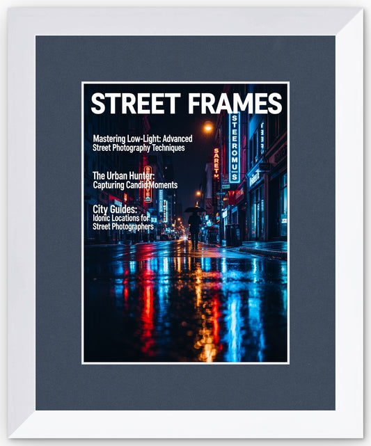 Bright White Magazine Shadowbox Frame with Navy Blue Mat