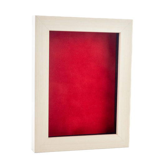 White Washed Shadow Box Frame With Red Acid-Free Suede Backing