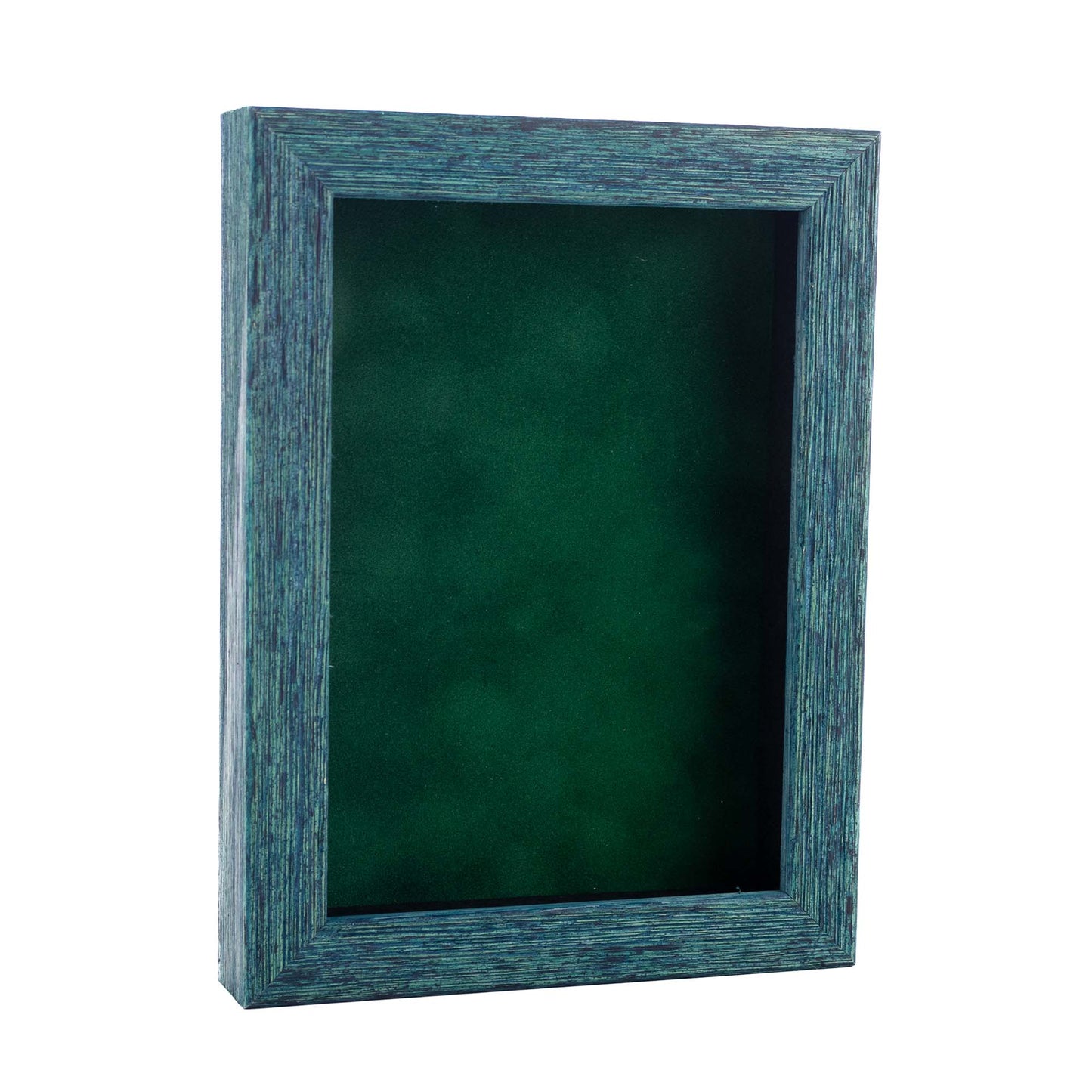 Distressed Blue Shadow Box Frame With Forest Green Acid-Free Suede Backing